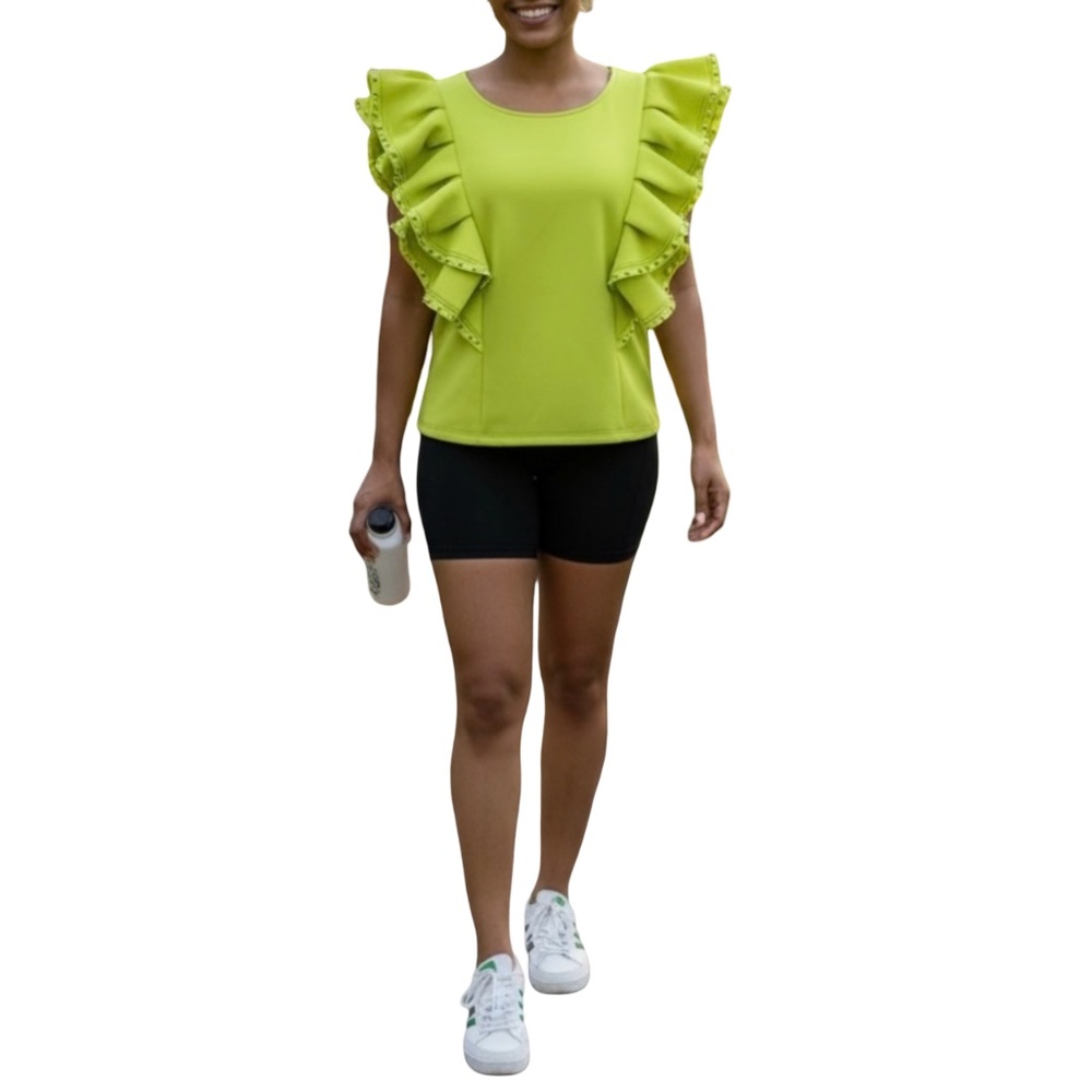 #A067  FT INC Lime Green Ruffle Top with Pearl Trim – Size XL (NWT)